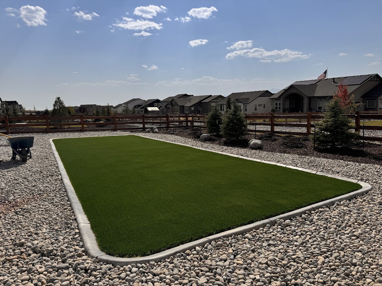 artificial grass dry creek river bed xeriscaping Colorado