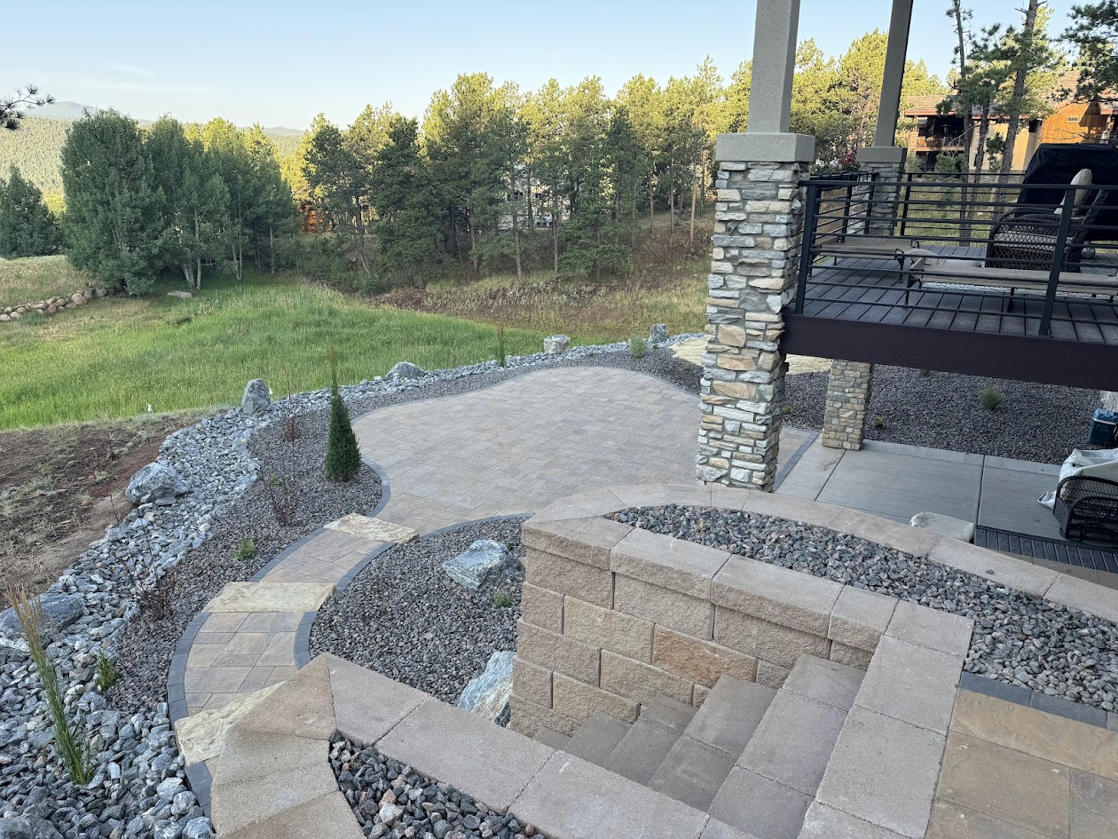 large paver patio paver steps retaining walls soldier course Colorado landscaping