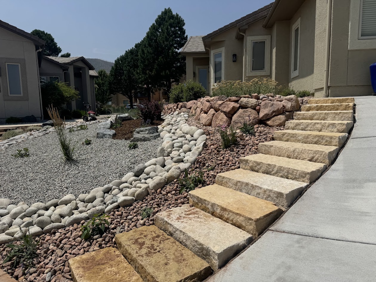 natural stone steps dry creek river bed xeriscaping